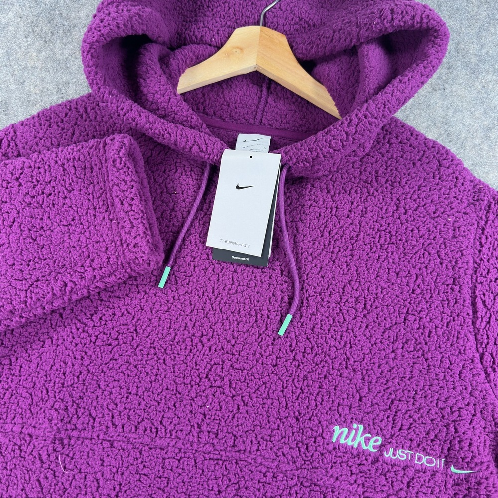 Nike Cozy Fleece Hoodie Womens Medium Purple Faux Fur Pullover Oversized
